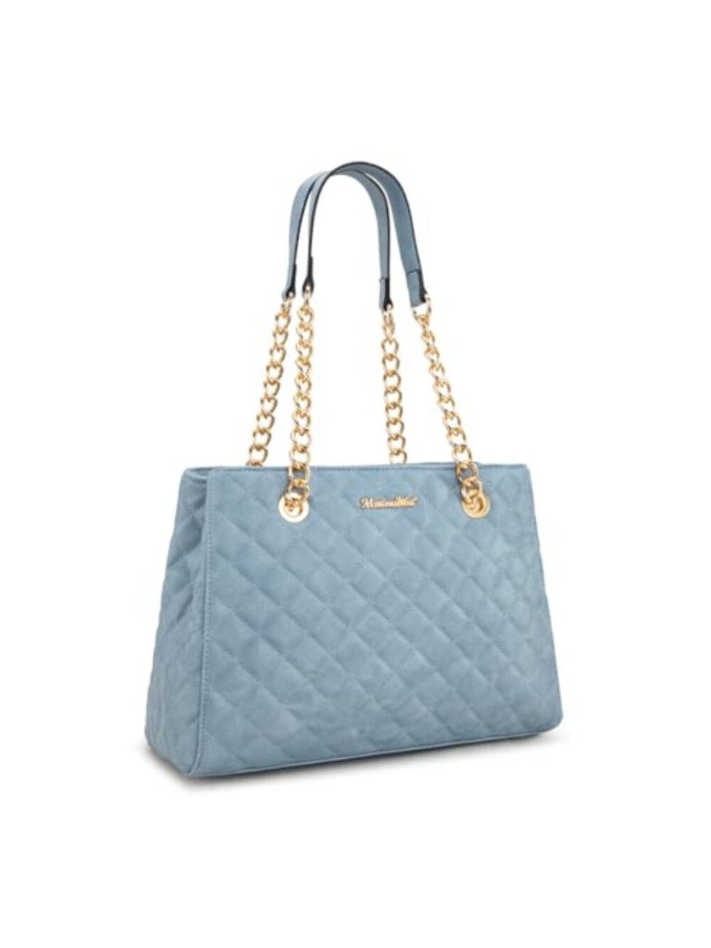 Quilted Faux Leather Chain Shoulder Bag Medium Tote Purse with Gold Strap